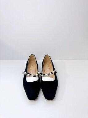 Size 9 Women’s Black Suede Flats with Pearl Strap Square Toe Mary Jane XYD